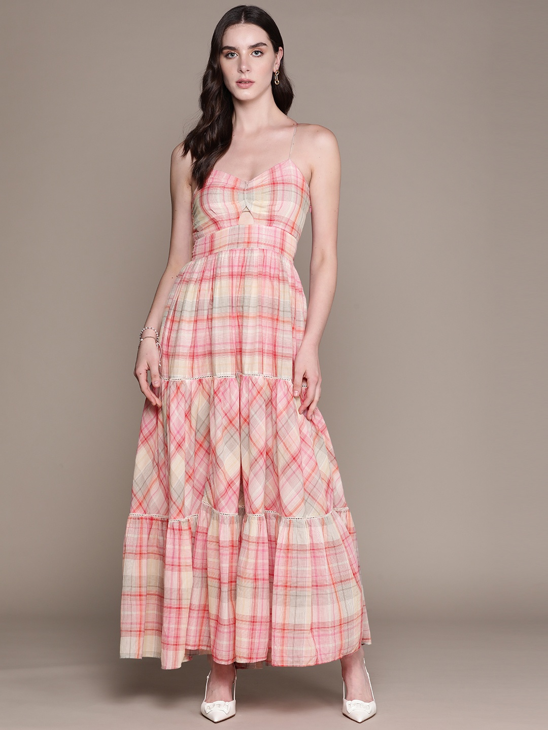 

Label Ritu Kumar Checked Fit & Flare Maxi Dress, Pink