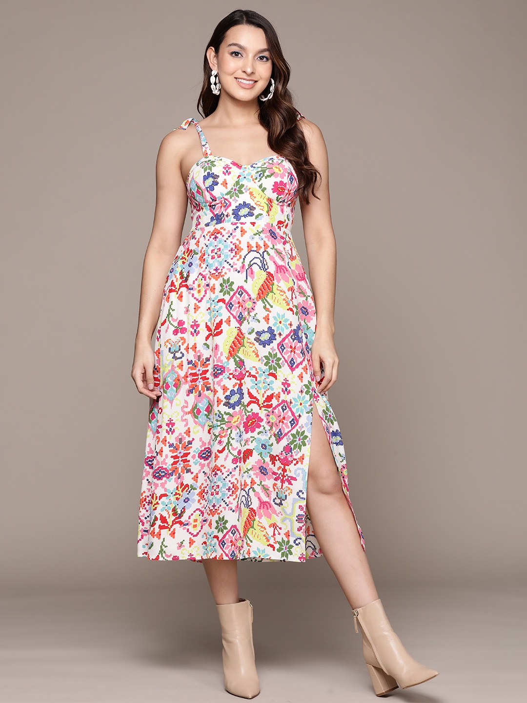 

Label Ritu Kumar Floral Print Crepe A-Line Midi Dress, White