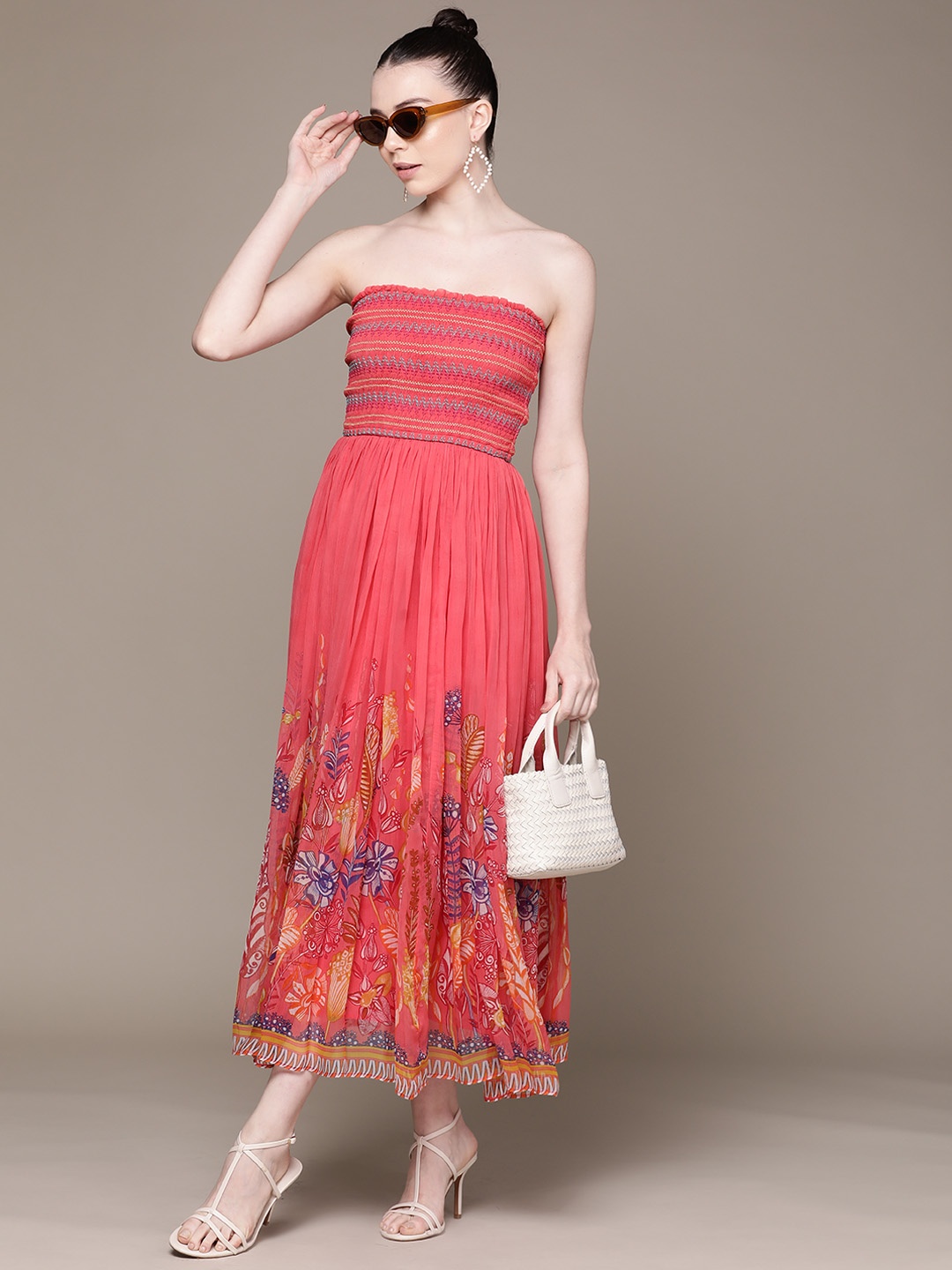 

Label Ritu Kumar Floral Print Chiffon Smocked Fit & Flare Midi Tube Dress, Orange