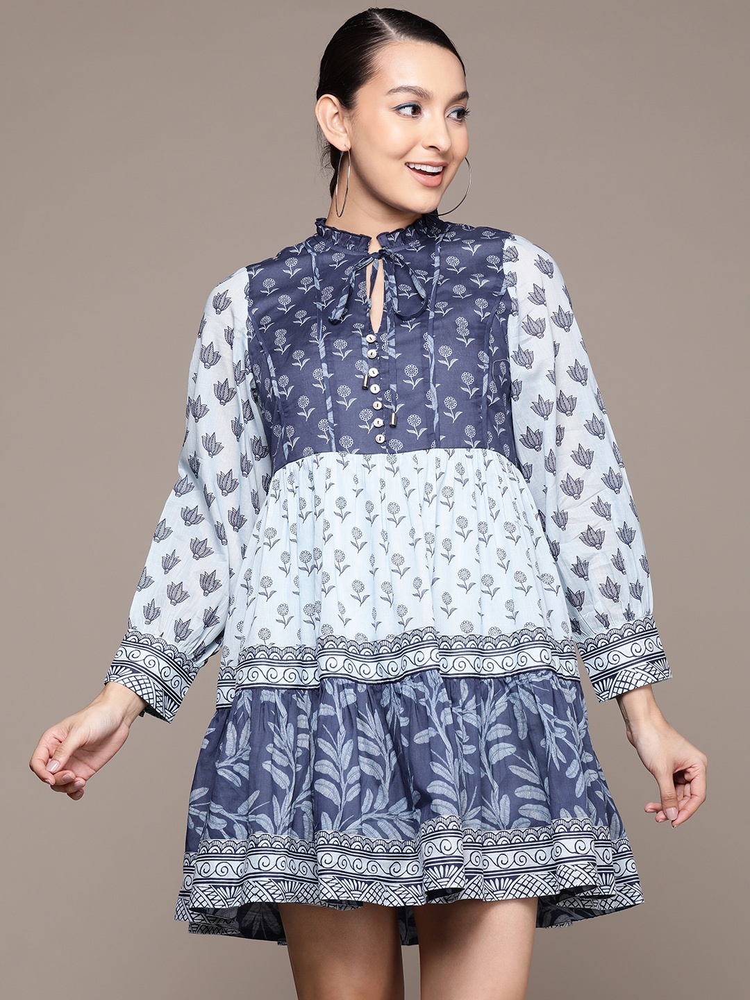 

Label Ritu Kumar Floral Print Tie-Up Neck A-Line Mini Dress, Navy blue