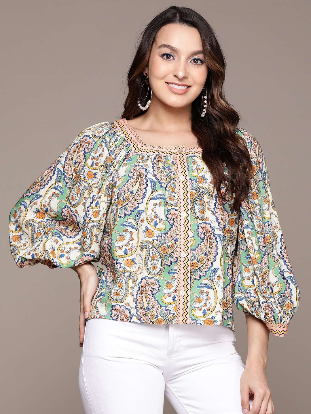 

Label Ritu Kumar Printed Puff Sleeve Top, Off white