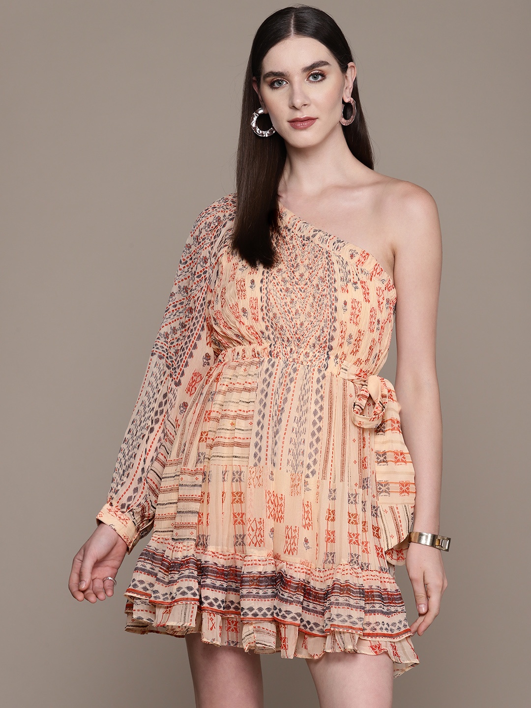 

Label Ritu Kumar Print One Shoulder Chiffon Fit & Flare Mini Dress, Beige