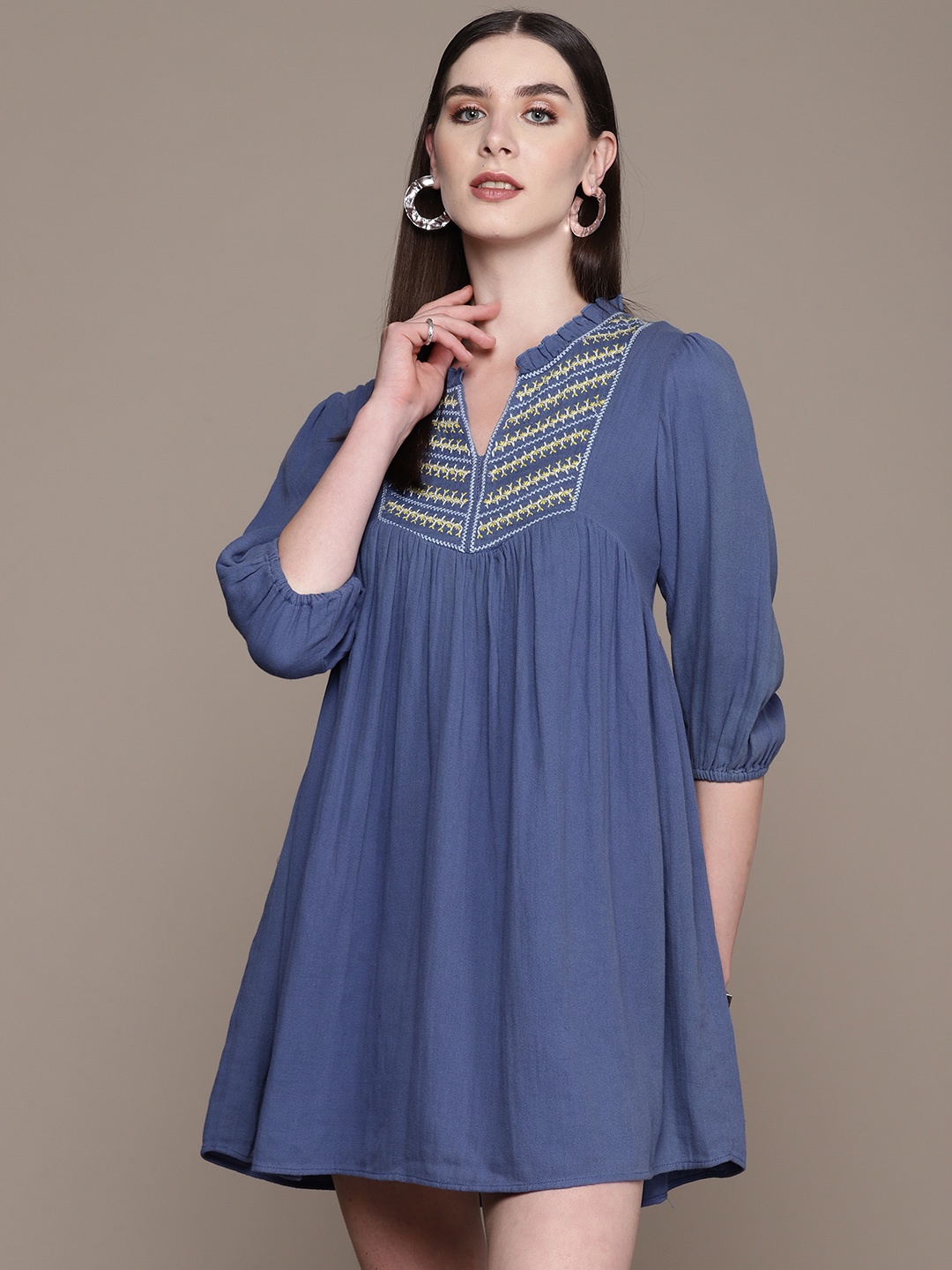 

Label Ritu Kumar Floral Embroidered Puff Sleeve A-Line Mini Dress, Blue