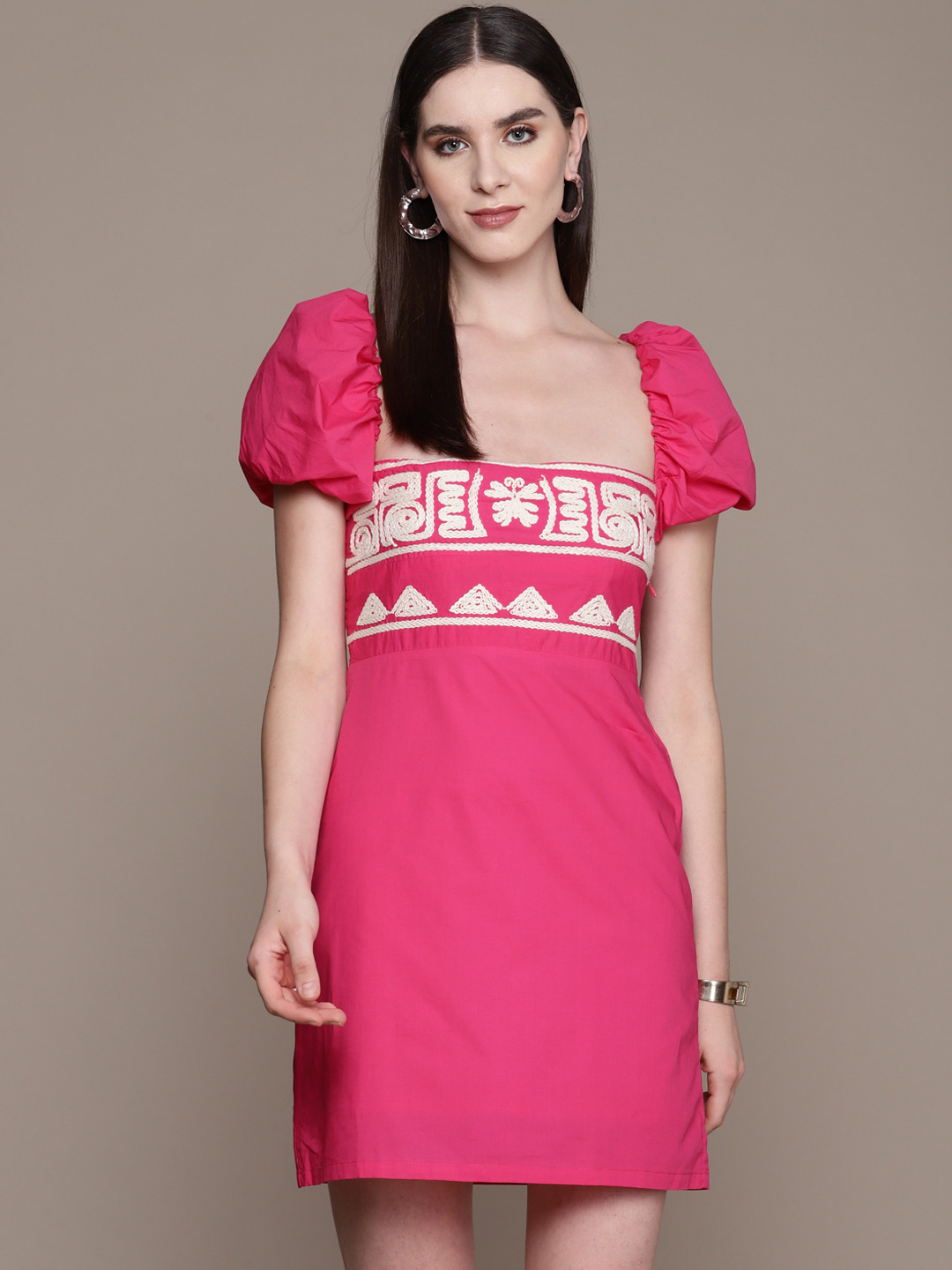 

Label Ritu Kumar Embroidered Puff Sleeve Bodycon Mini Dress, Fuchsia