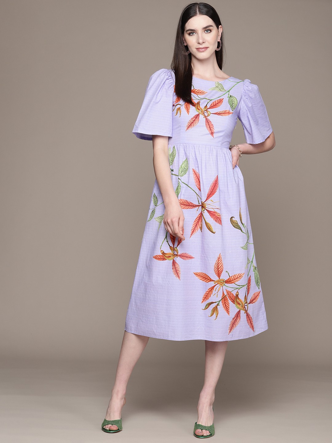 

Label Ritu Kumar Floral Print Puff Sleeve A-Line Dress, Purple