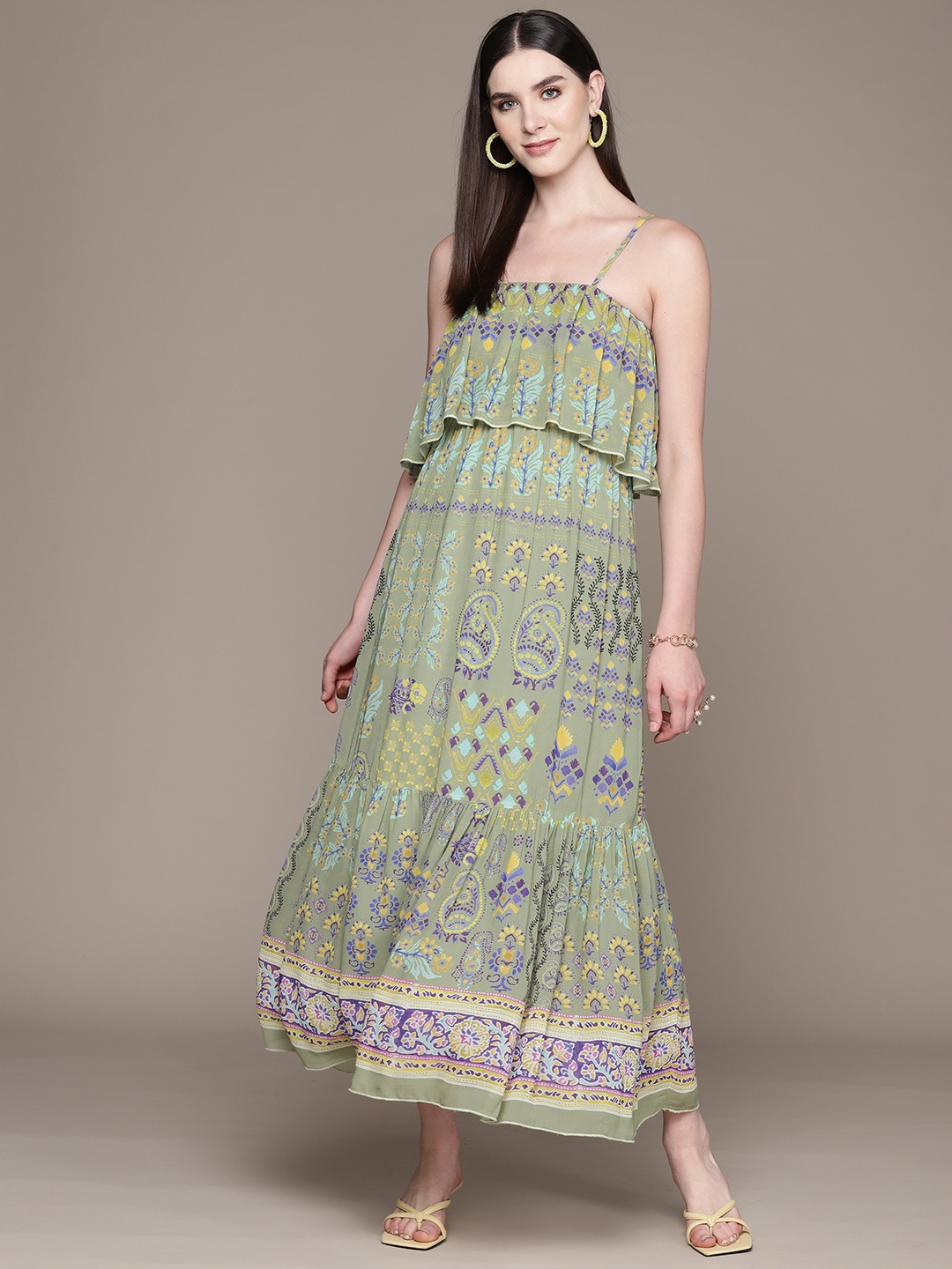 

Label Ritu Kumar Ethnic Motifs Print Layered Georgette Maxi Dress, Green