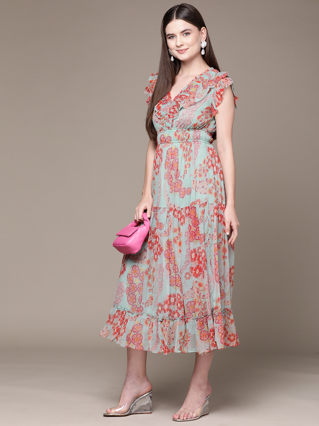 

Label Ritu Kumar Floral Print Ruffled Tiered Chiffon A-Line Midi Dress, Turquoise blue