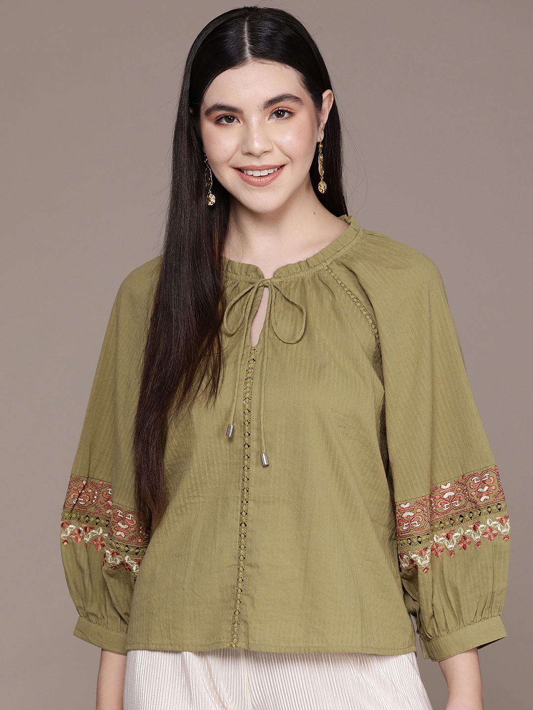 

Label Ritu Kumar Embroidered Tie-Up Neck Puff Sleeves Cotton Top, Olive