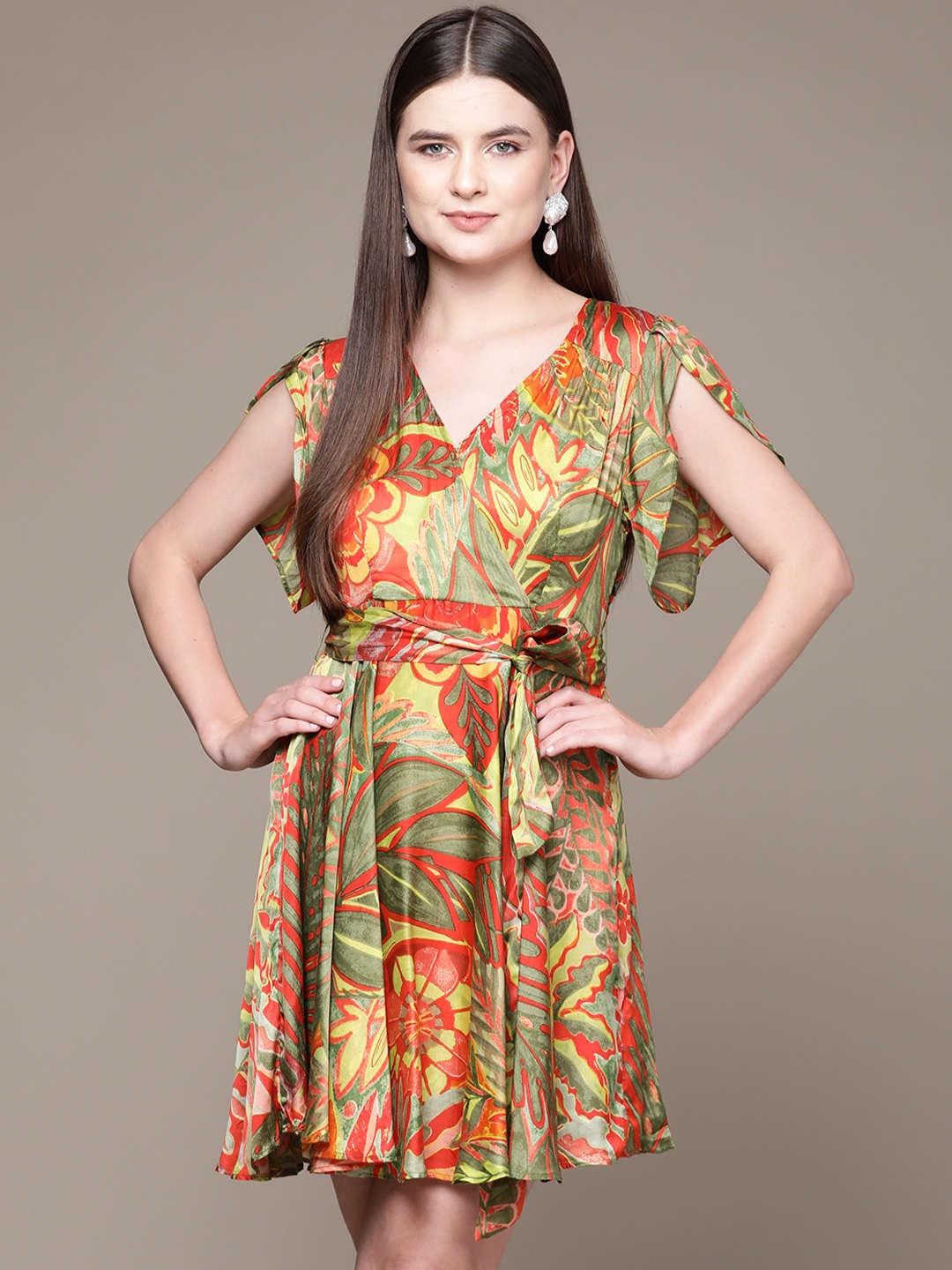 

Label Ritu Kumar Tropical Print Flared Sleeves Satin Dress with Belt, Green