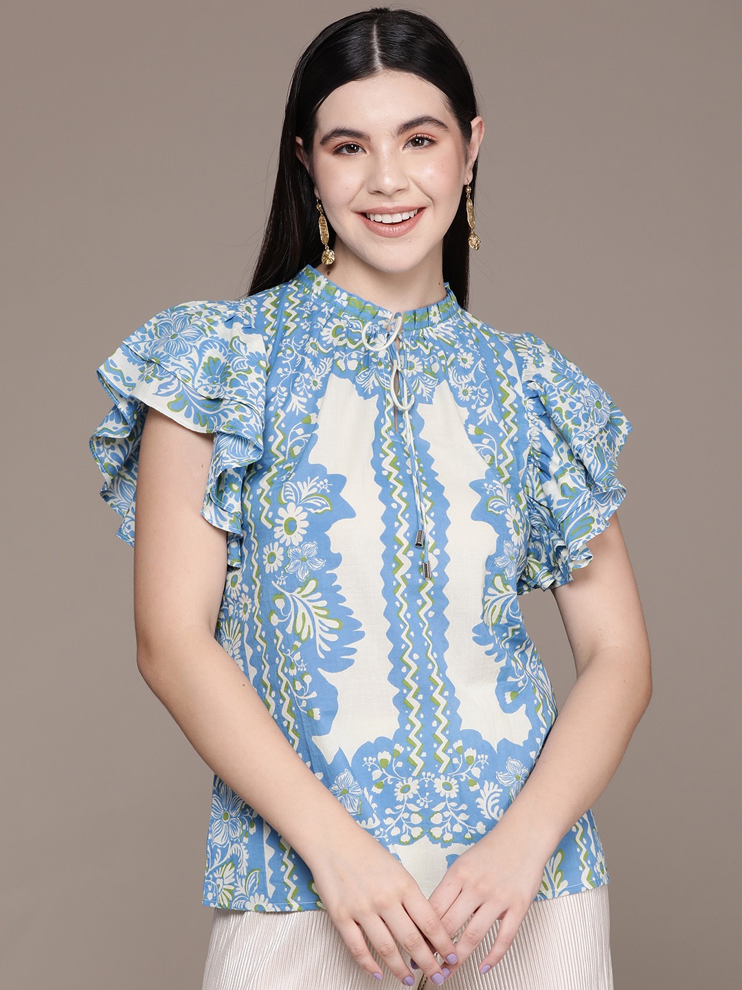 

Label Ritu Kumar Floral Print Tie-Up Neck Flutter Sleeves Cotton Top, Blue