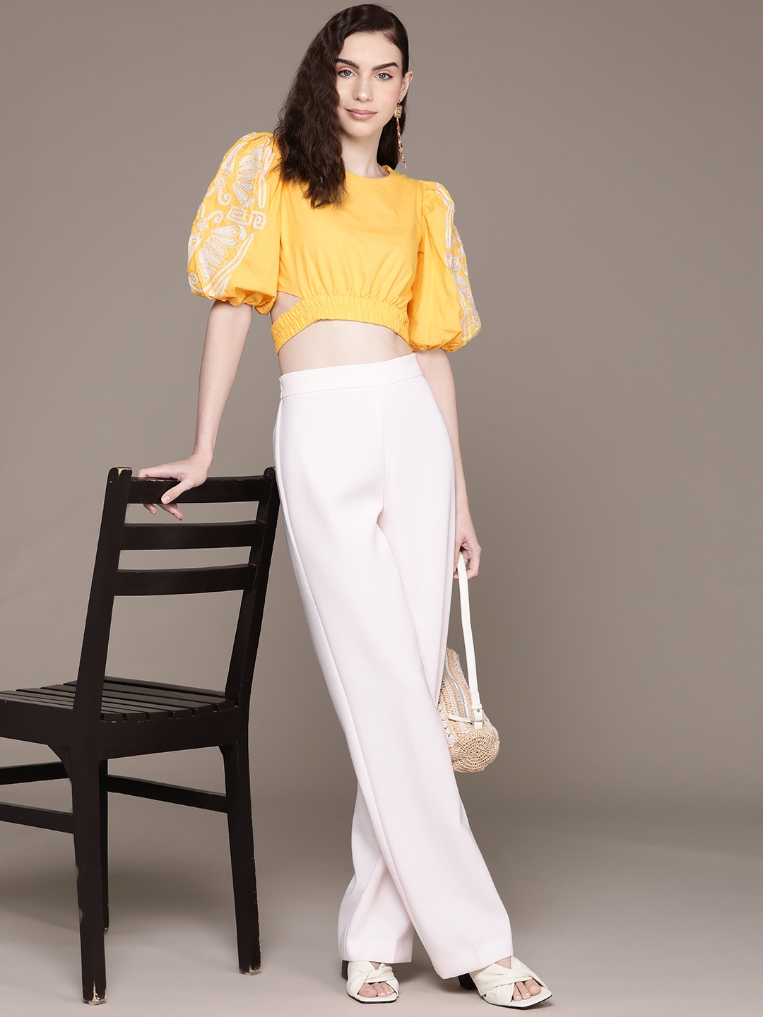 

Label Ritu Kumar Embroidered Puff Sleeves Cut Out Cotton Crop Top, Yellow