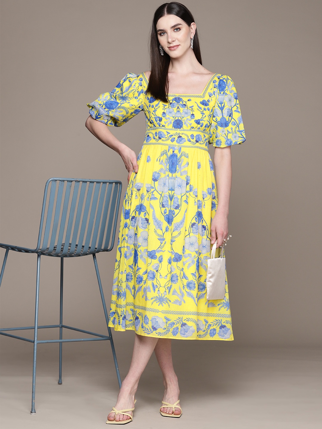 

Label Ritu Kumar Floral Print Flared Sleeve A-Line Midi Dress, Yellow