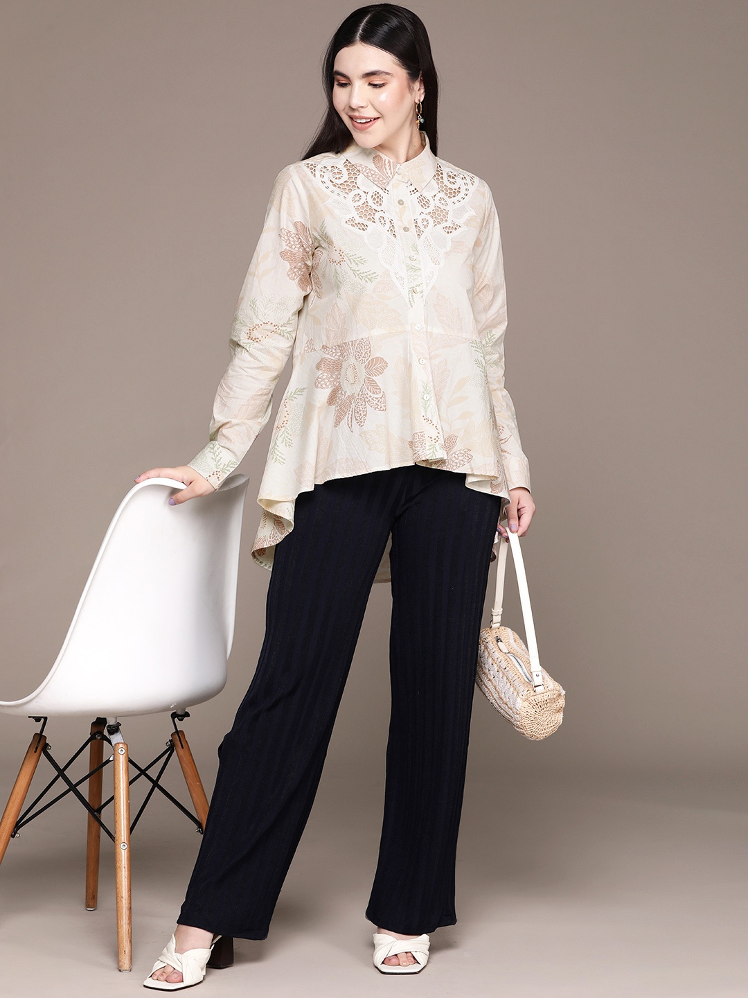 

Label Ritu Kumar Relaxed Floral Printed Schiffli Longline Casual Shirt, White