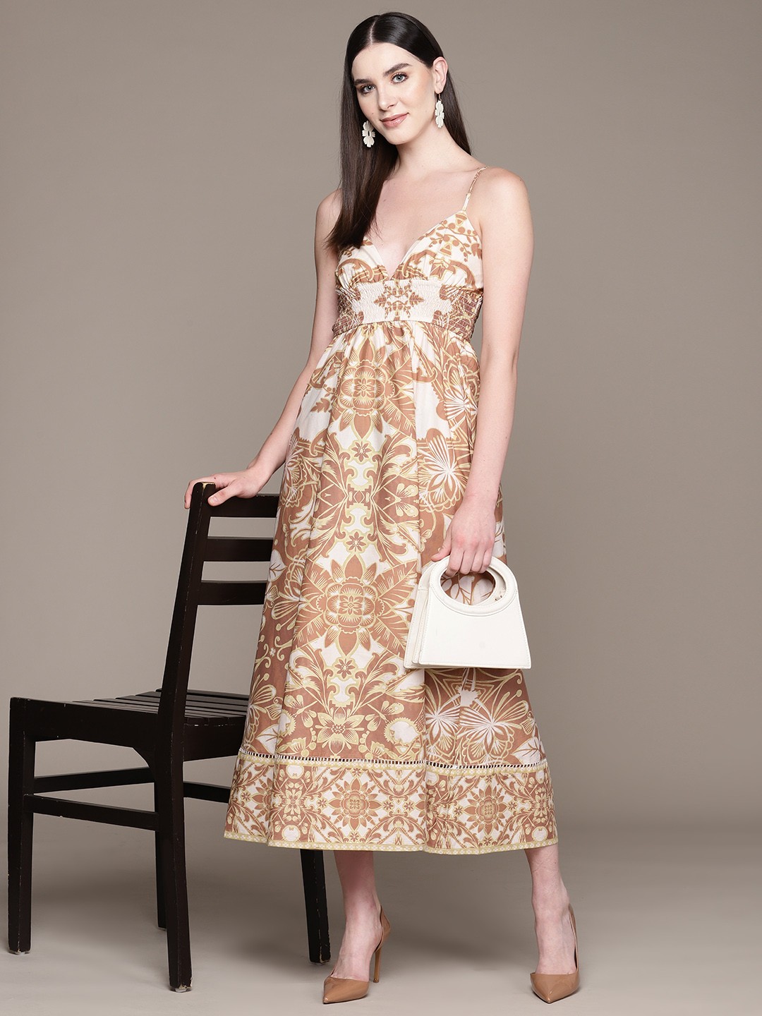

Label Ritu Kumar Floral Print Smocked Maxi Dress, Brown