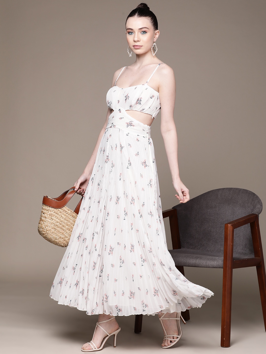 

Label Ritu Kumar Floral Print Cut Out Chiffon Accordion Pleated Maxi Dress, White
