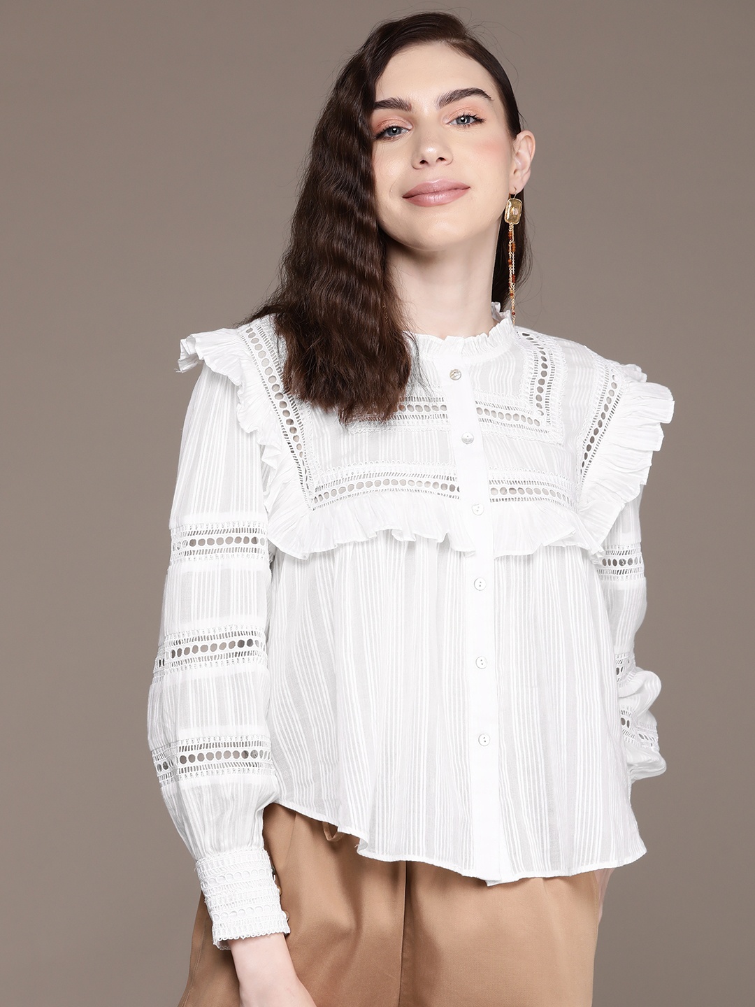 

Label Ritu Kumar Striped Mandarin Collar Ruffles Cotton Top, White