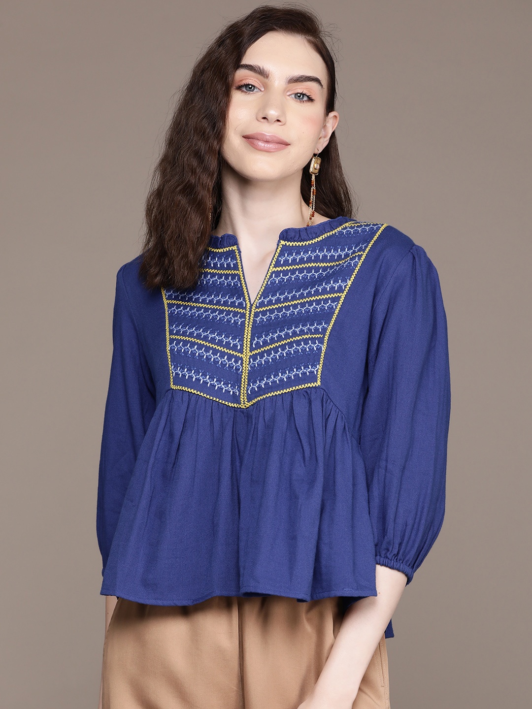 

Label Ritu Kumar Embroidered Mandarin Collar Puff Sleeves Cotton Peplum Top, Blue