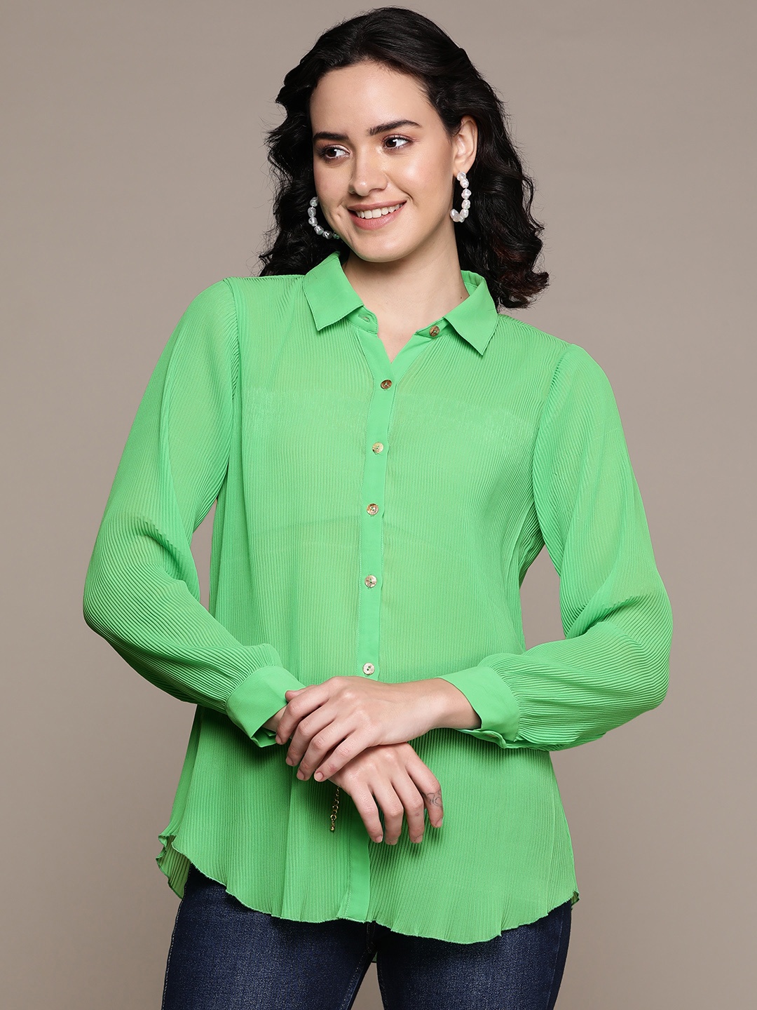 

Label Ritu Kumar Relaxed Semi Sheer Casual Shirt, Green