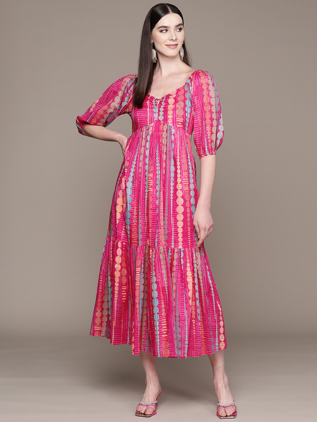 

Label Ritu Kumar Printed Puff Sleeve Maxi Dress, Pink