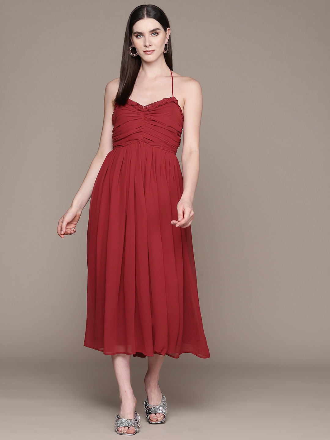 

Label Ritu Kumar Halter Neck Georgette Fit & Flare Maxi Dress, Red