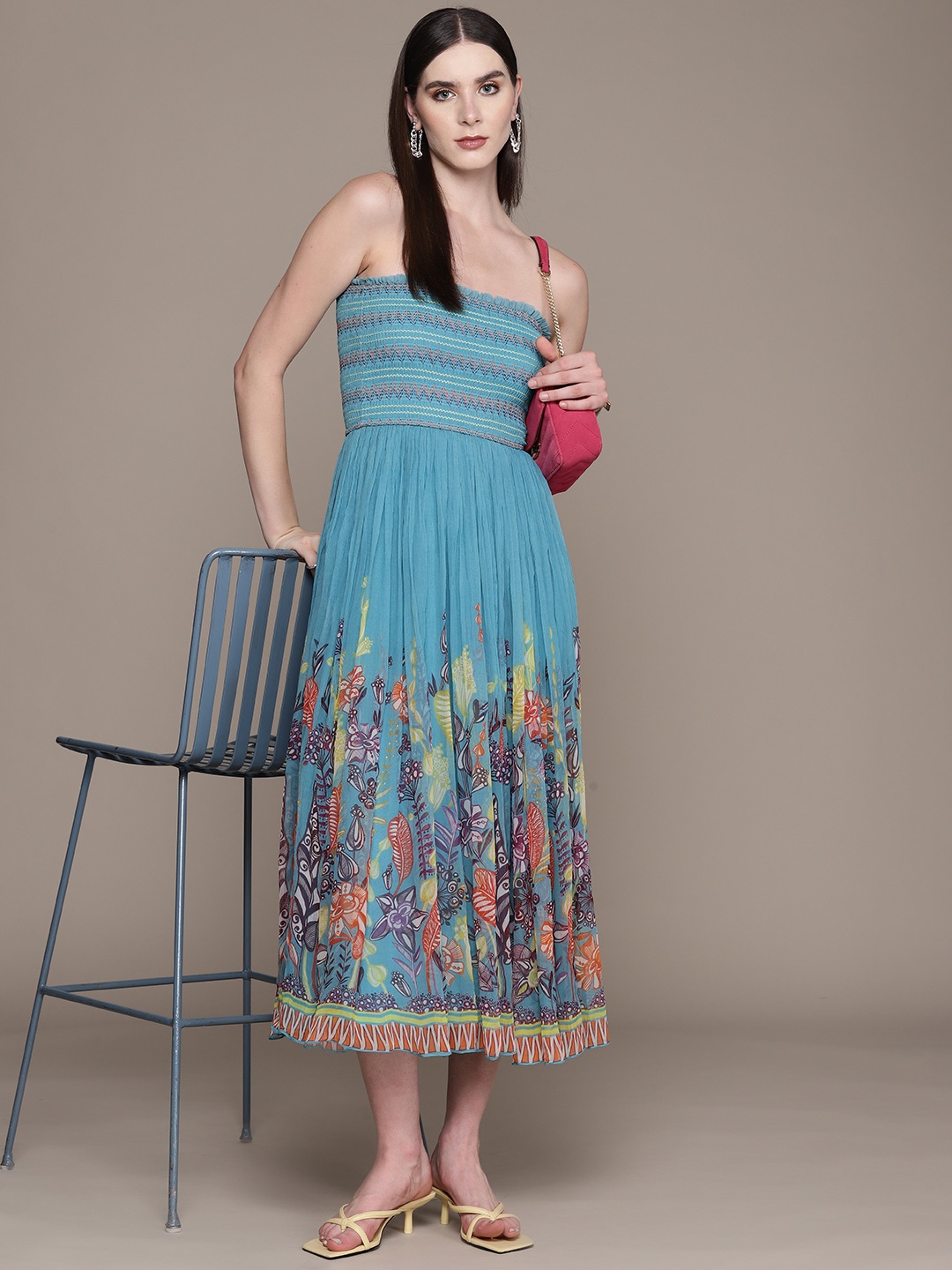 

Label Ritu Kumar Floral Print Chiffon Fit & Flare Midi Dress, Blue