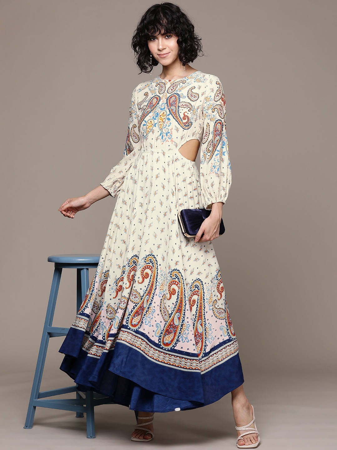 

Label Ritu Kumar Ethnic Motifs Print Puff Sleeve Crepe A-Line Maxi Dress, Beige