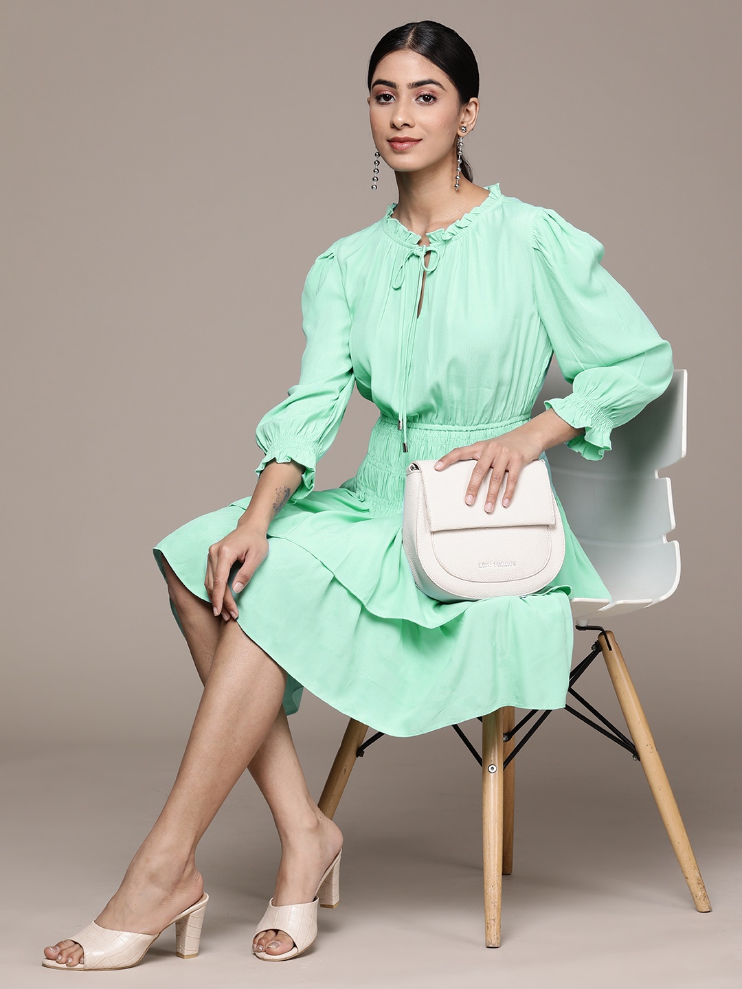 

Label Ritu Kumar Tie-Up Neck Puff Sleeve Layered Crepe Fit & Flare Dress, Green