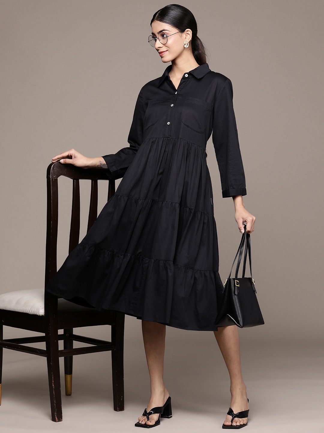 

Label Ritu Kumar Pleated Shirt Dress, Black