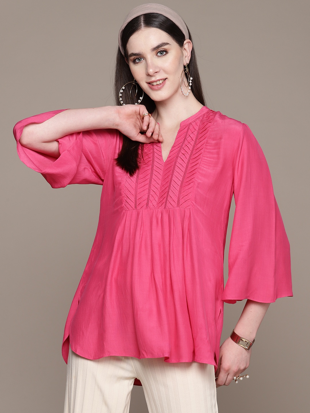 

Label Ritu Kumar Mandarin Collar Flared Sleeve Crepe Longline Top, Coral