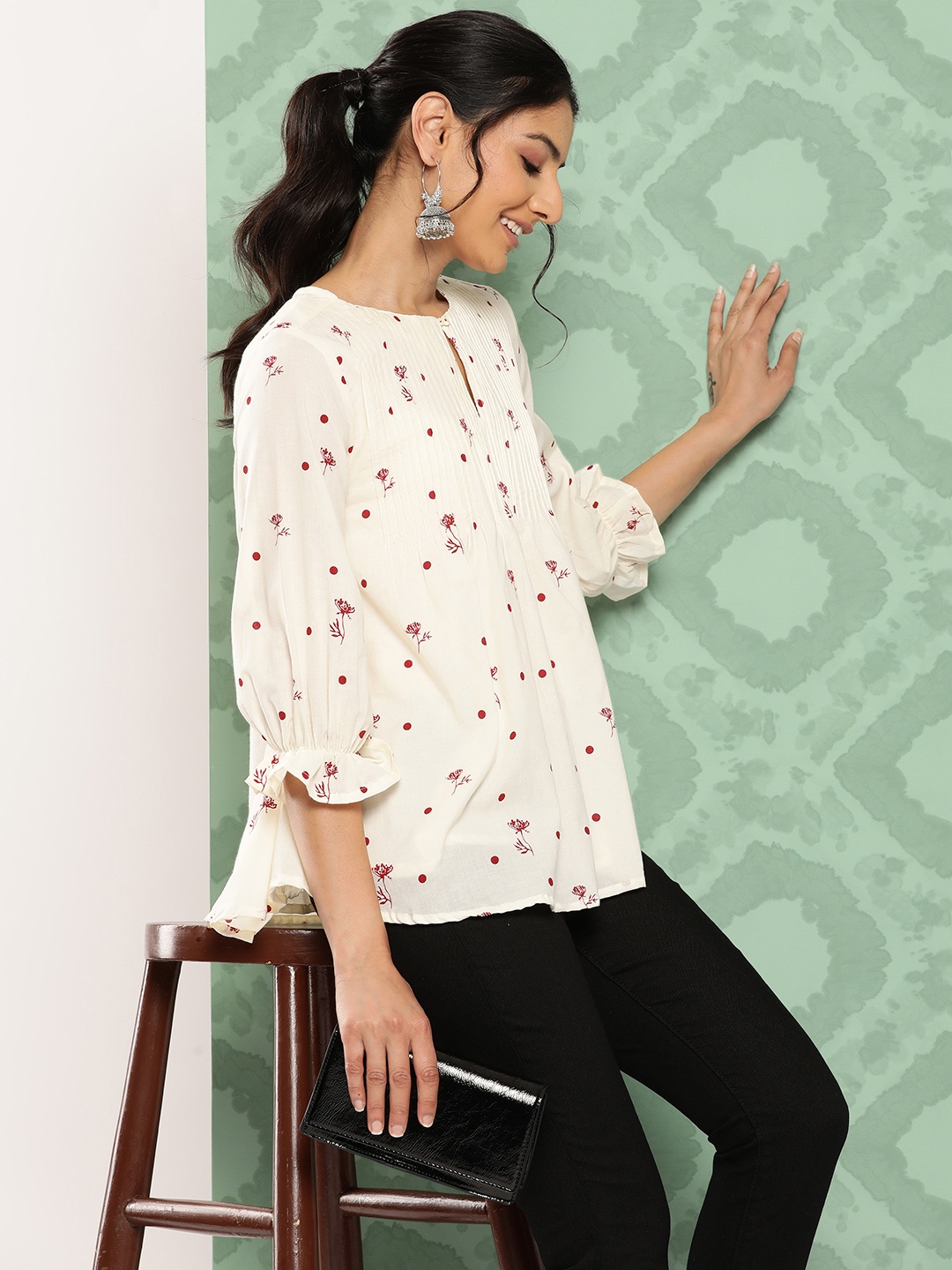 

Janasya Floral Print Keyhole Neck Puff Sleeves Cotton Top, Off white