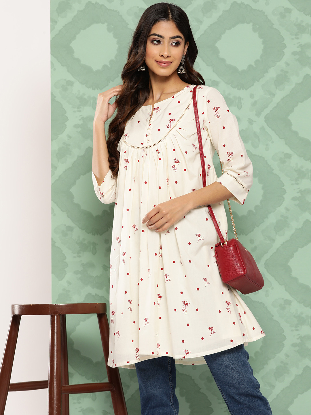 

Janasya Women Cambric Cotton Botanical Printed Flared Tunic, Off white
