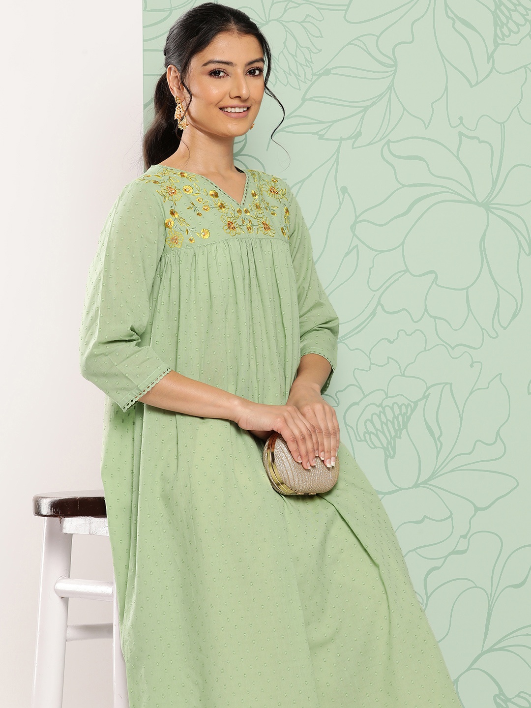 

Janasya Women Floral Yoke Design Embroidered Cotton Dobby Pleated A-Line Kurta, Green