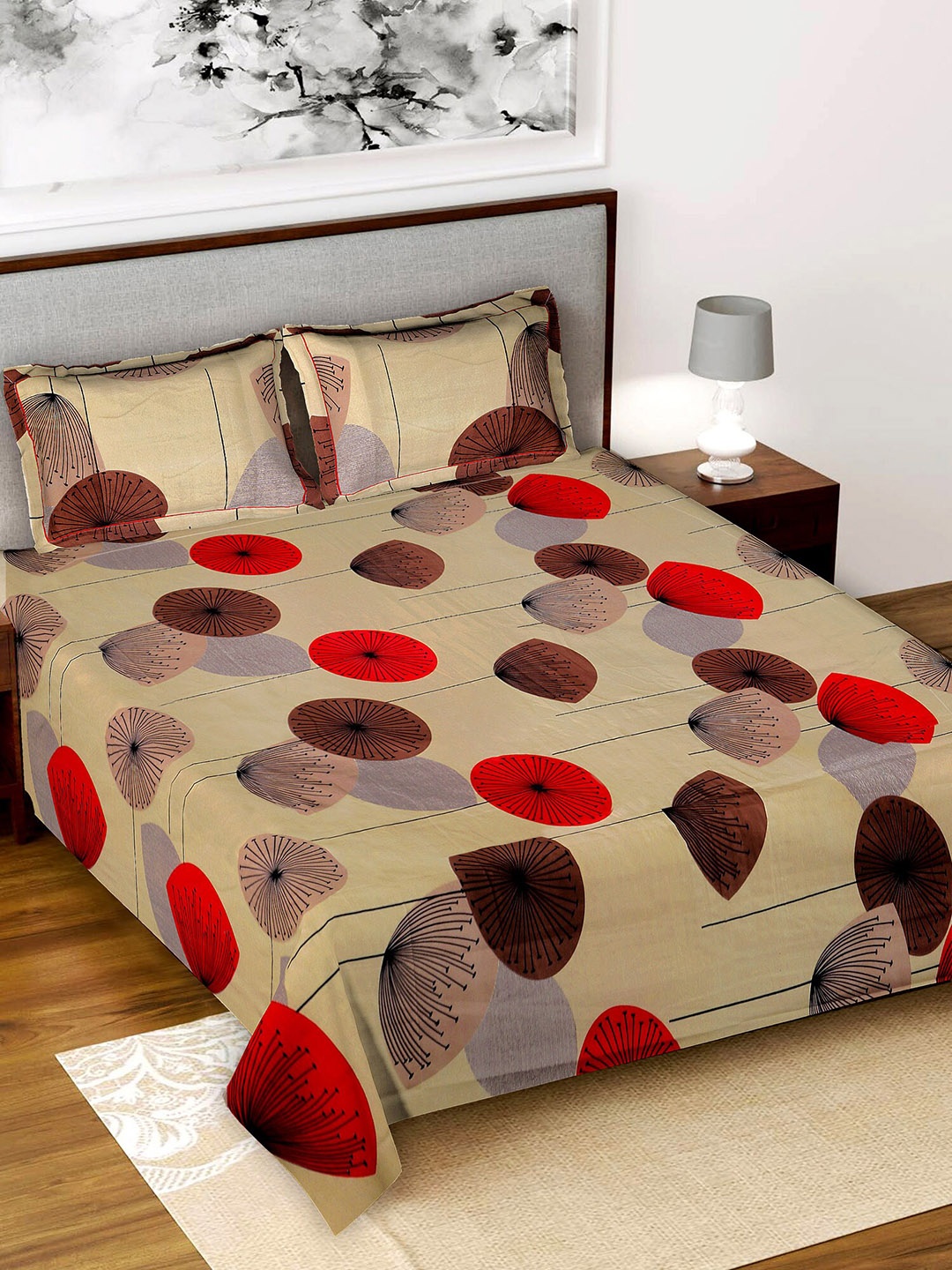 

Kuber Industries Brown & Red Geometric 210 TC King Bedsheet with 2 Pillow Covers