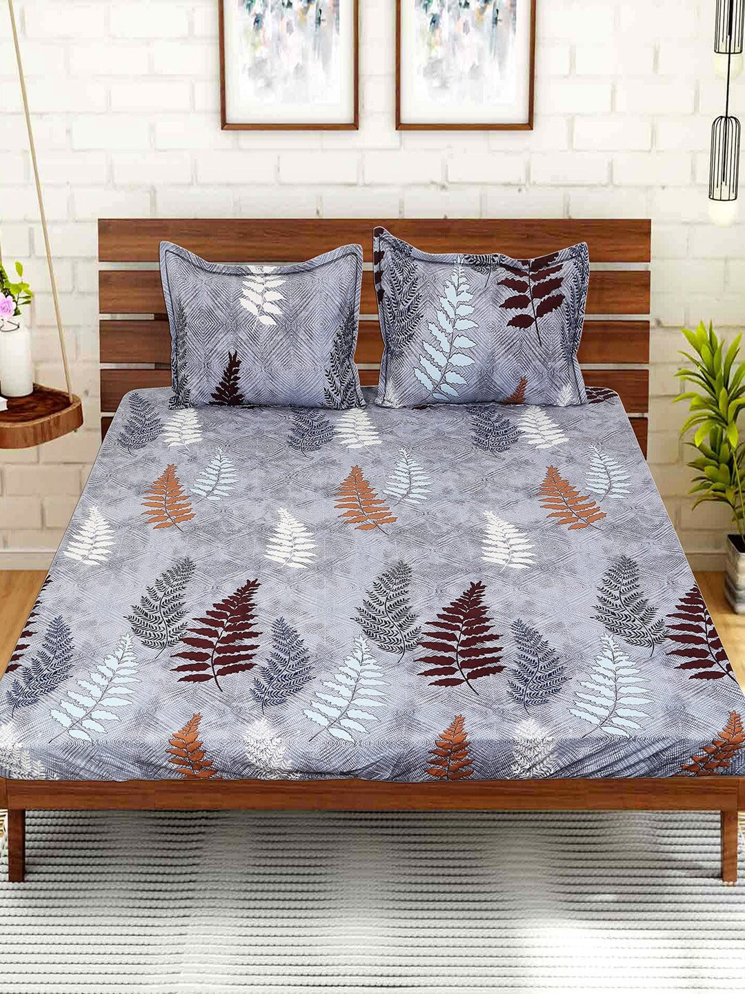 

Kuber Industries Ethnic Motifs Print 210 TC King Fitted Bedsheet With 2 Pillow Covers, Grey