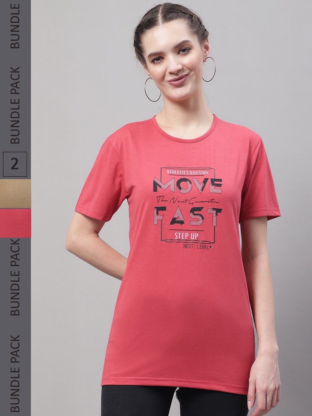 MACK JONNEY Pack Of 2 Typography Printed Cotton T-shirt, Pink