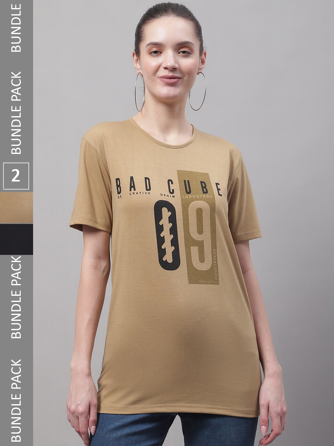 

MACK JONNEY Pack Of 2 Typography Printed Cotton Longline T-shirt, Brown