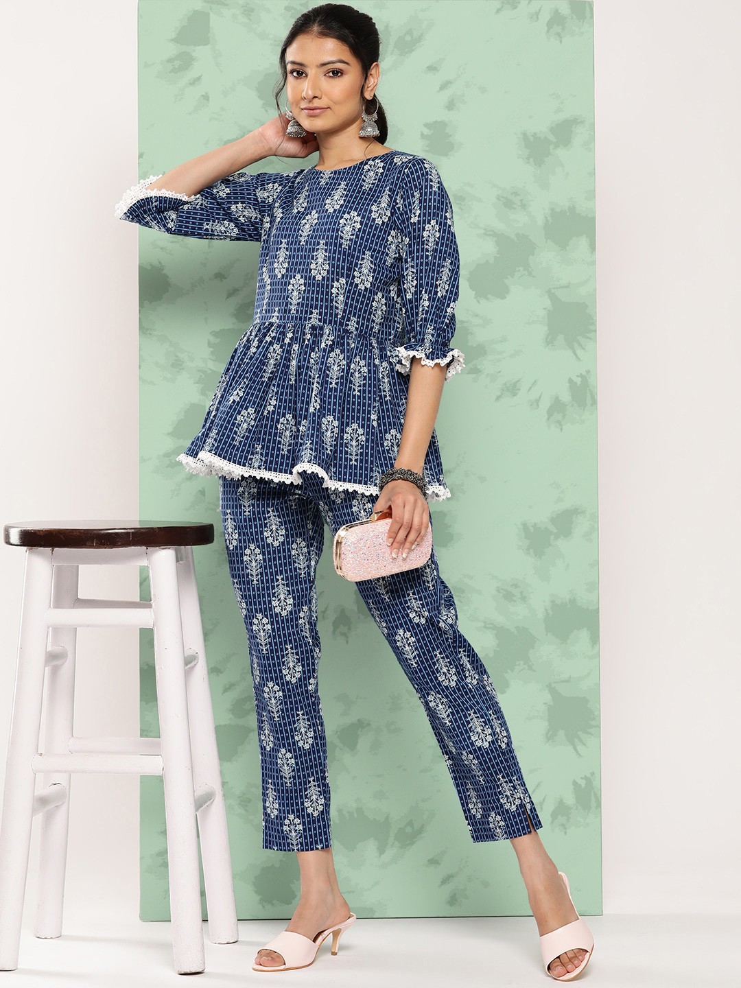 

Janasya Women Printed Pure Cotton Ethnic Co-Ords, Blue