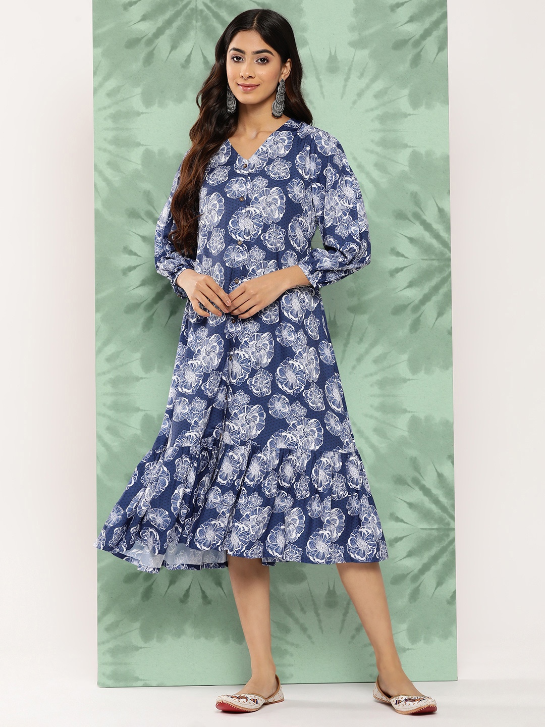 

Janasya Floral Print Puff Sleeve Crepe Fit & Flare Midi Dress, Blue