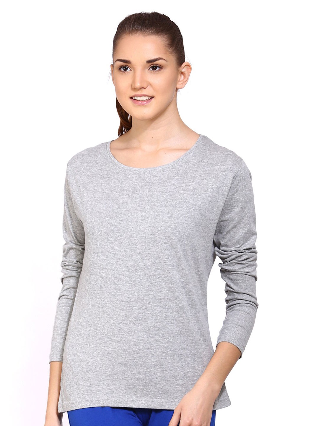 

appulse Round Neck Long Sleeves Cotton T-shirt, Grey melange