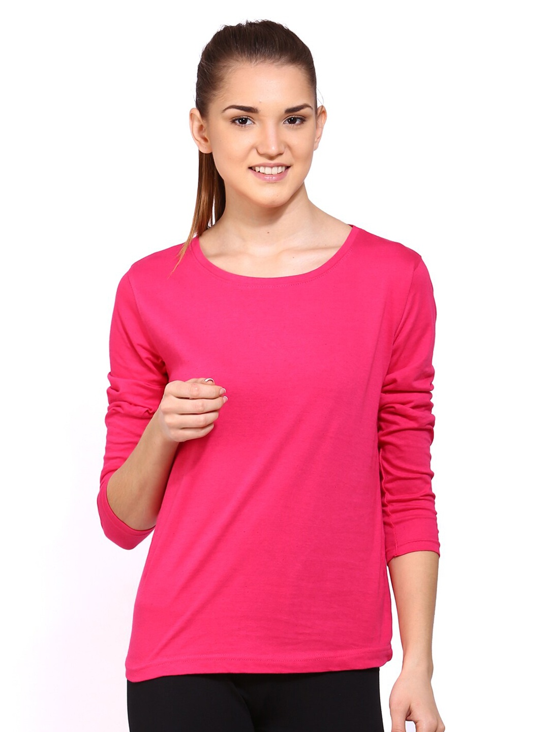 

appulse Round Neck Long Sleeves Cotton T-shirt, Pink