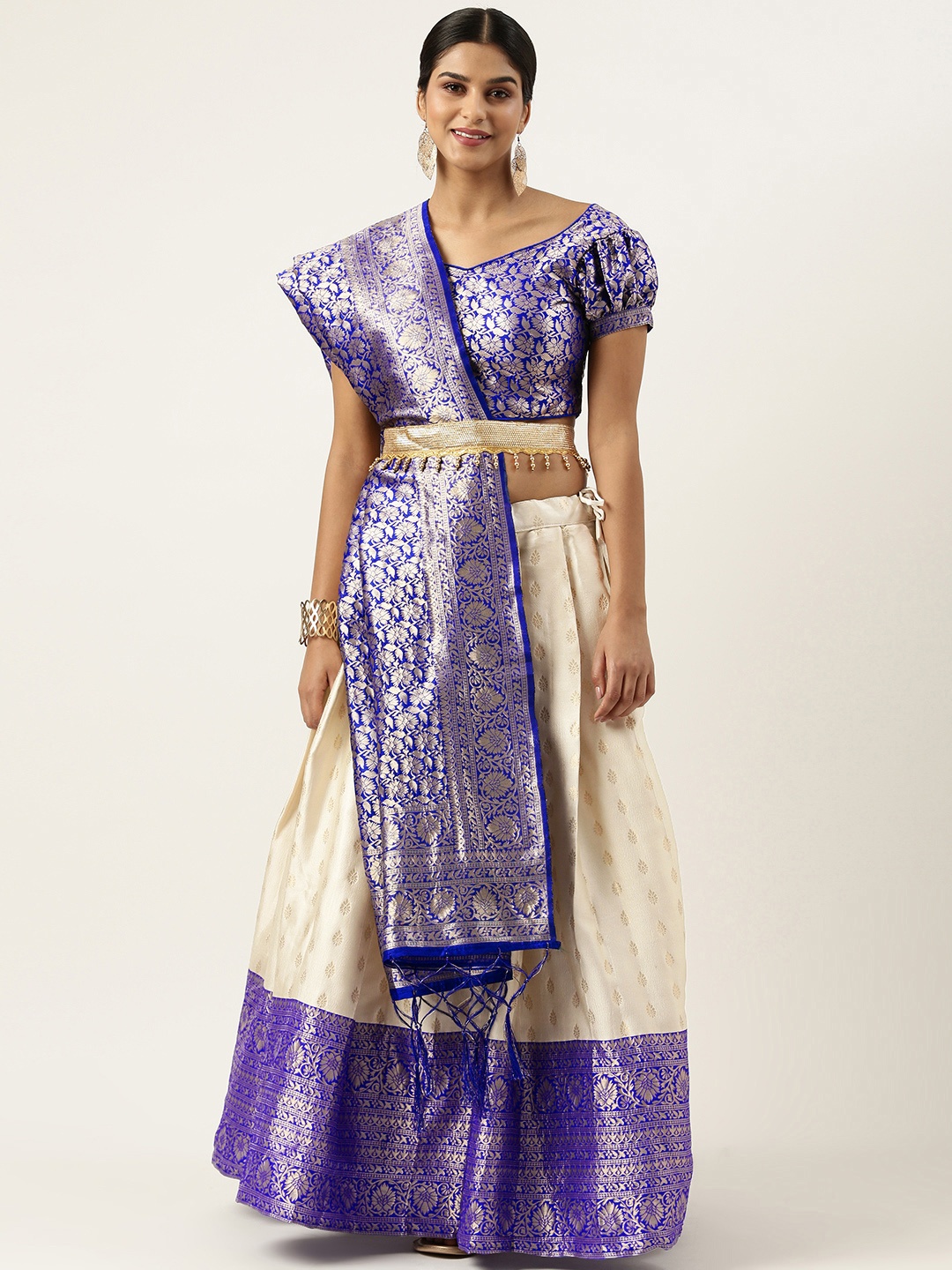 

Fabcartz Unstitched Zari Lehenga & Blouse With Dupatta, Cream