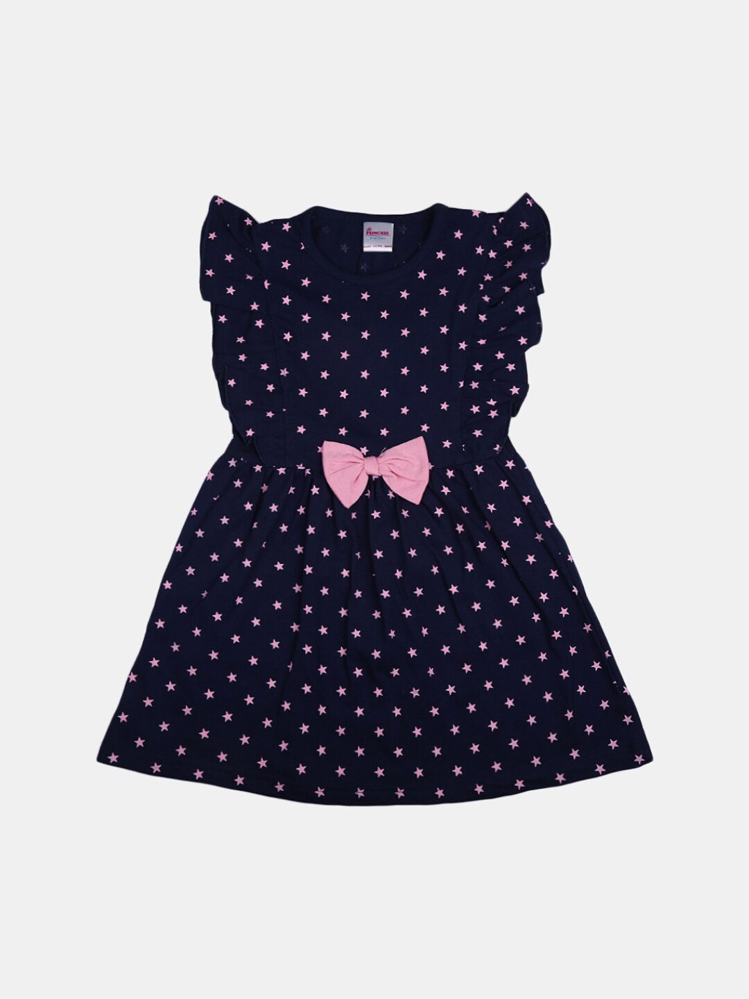 

V-Mart Girls Stars Printed Flutter Sleeves Bow Detail Cotton Fit & Flare Dress, Blue