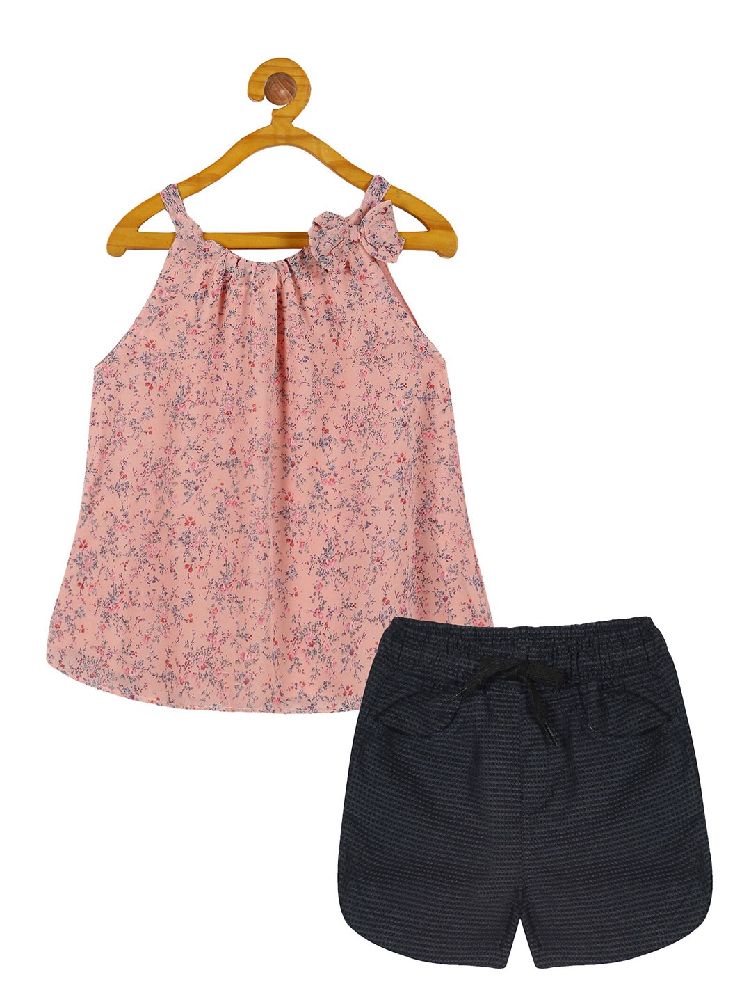 

KiddoPanti Girls Printed Halter Neck Top with Shorts, Pink