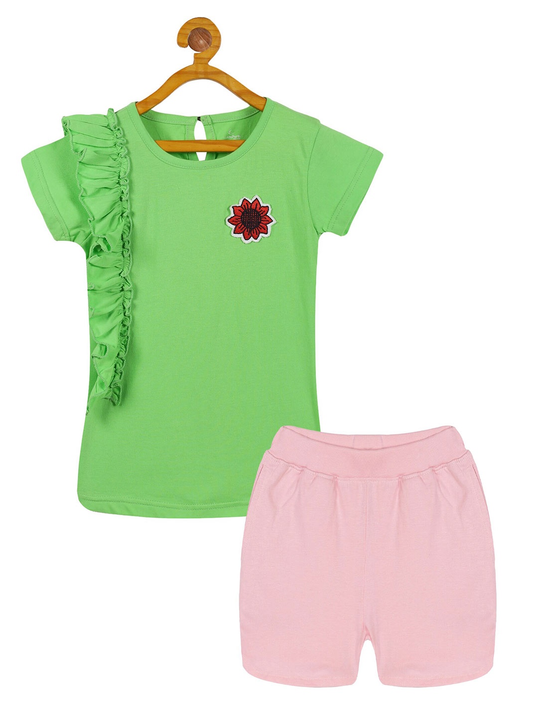 

KiddoPanti Girls Pure Cotton Printed T-shirt With Shorts, Green