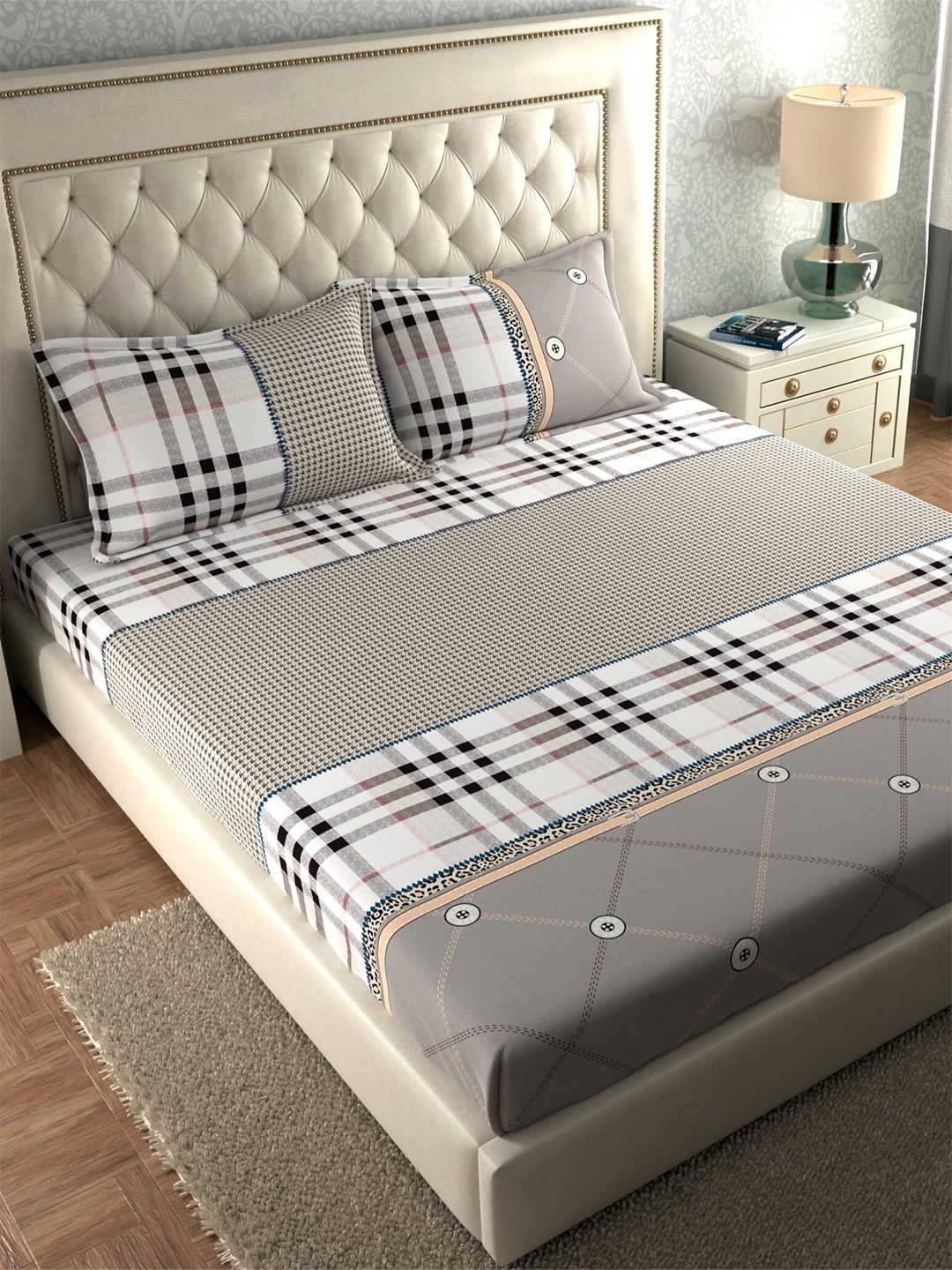 

CHHAVI INDIA Grey & Black Geometric 210 TC King Bedsheet & 2 Pillow Covers