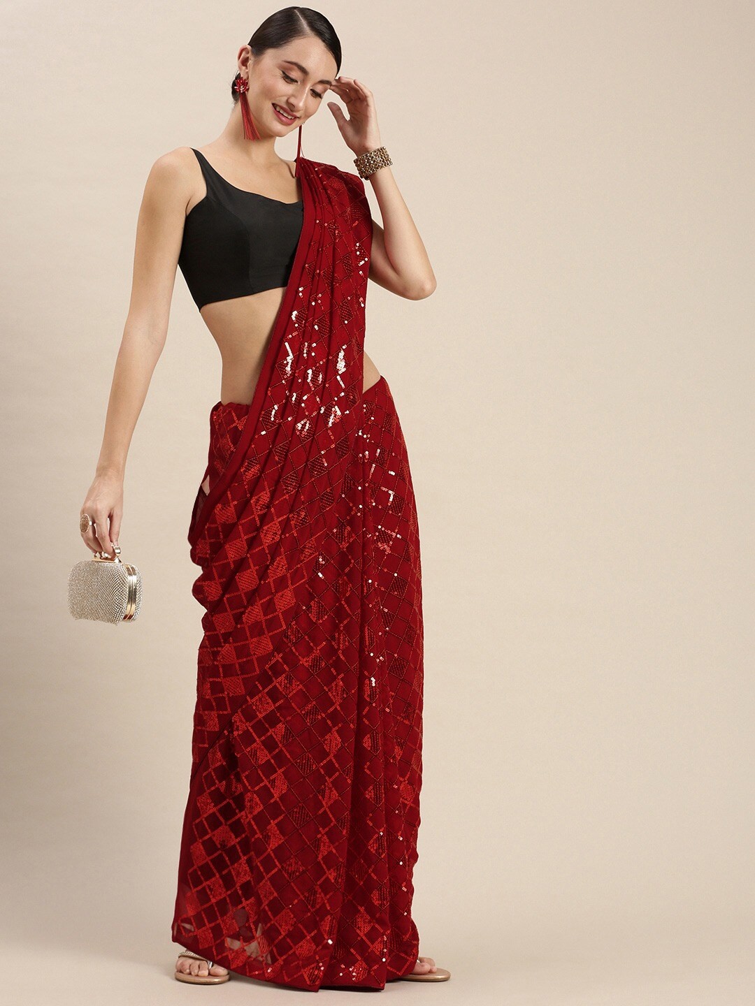 

Mitera Sequinned Embellished Heavy Work Saree, Red
