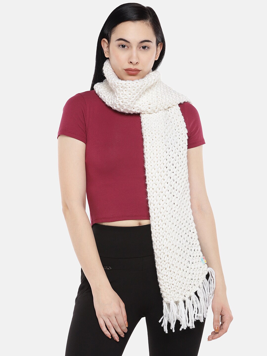 

Magic Needles Women Self Design Acrylic Scarf, White