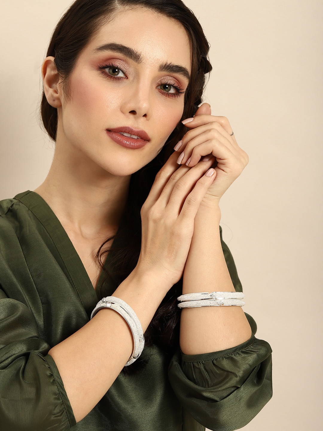 

Anouk Set of 4 Artificial Stones Embellished Textured Bangles, Silver