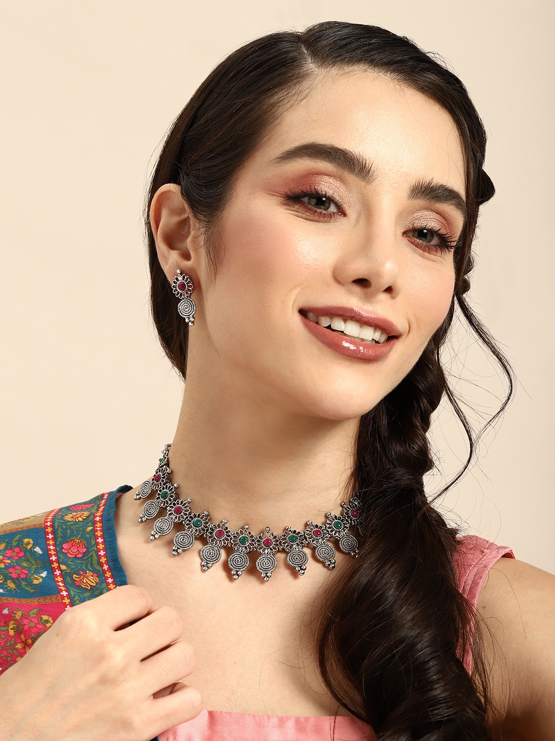 

Anouk Women Artificial Stones Embellished Oxidised Jewellery Set, Silver