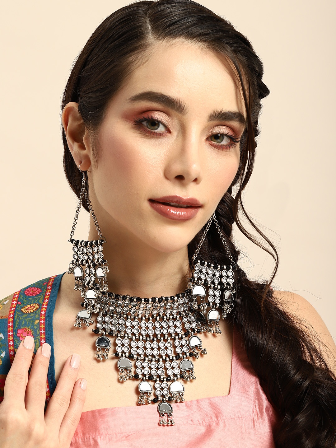 

Anouk Women Mirror Work Embellished Layered Jewellery Set, Silver